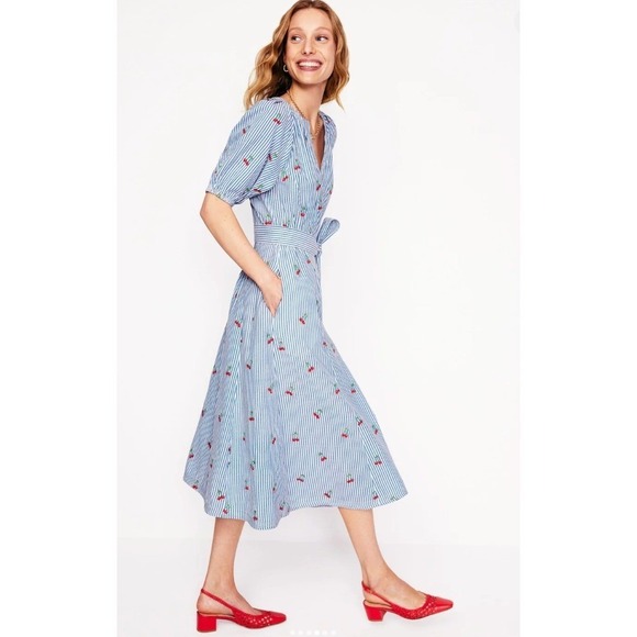 Boden Bria Embroidered Seersucker Cherry Embroidered Midi Dress V-Neck Pockets - Picture 2 of 11